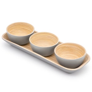 Dehaus® Small Bamboo Dipping Bowls & Tray Set | Mini Wooden Dip Pinch Bowl Serving Sets | Condiment, Dips, Nibbles, Nuts, Olives (Grey)