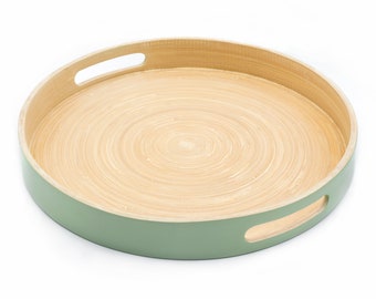 Dehaus® Stylish Handmade Wooden Bamboo Tray | Round Lap Trays for Eating Dinner | Tea Drinks Tray | Food Serving Trays with Handles (Sage)