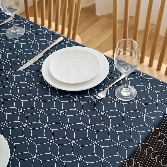 Navy Blue Geo Flow PVC Tablecloth: Wipe Clean Vinyl Table Cover