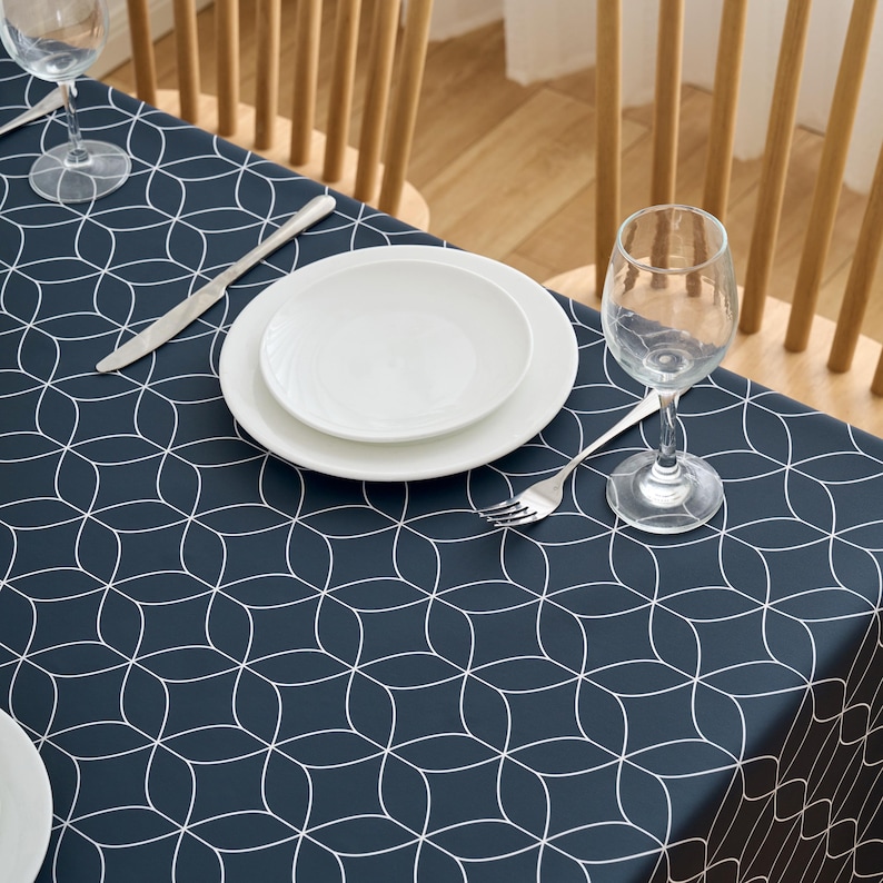 Navy Blue Geo Flow PVC Tablecloth: Wipe Clean Vinyl Table Cover image 1