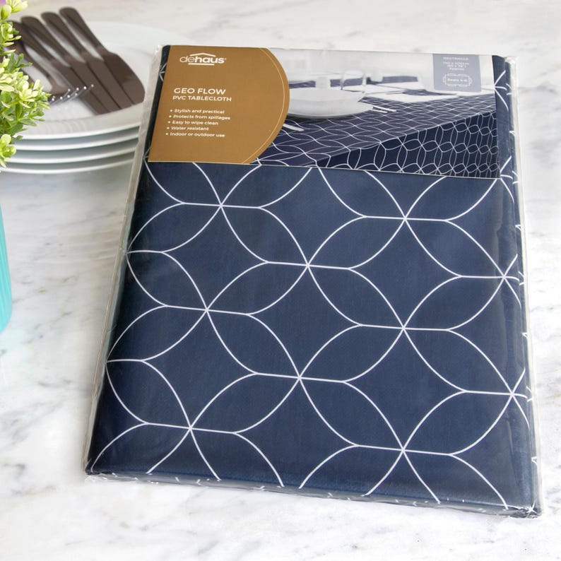 Navy Blue Geo Flow PVC Tablecloth: Wipe Clean Vinyl Table Cover image 9