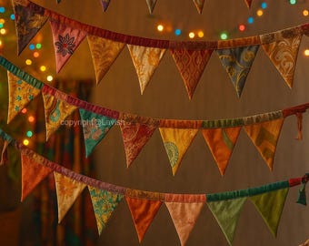 indian Sari Fabric Wedding Bunting | Indian Saree Garland | Colorful Boho Decor | Recycled Sari Banner | Mandap Mehndi Backdrop