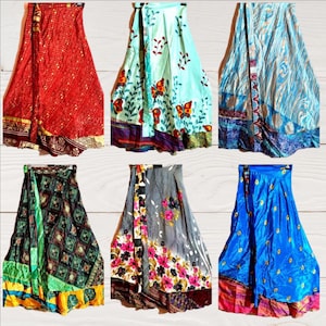 Falda sari de seda reciclada hecha a mano 36 / Falda larga cruzada bohemia / Moda sari vintage reciclada / Atuendo para festival