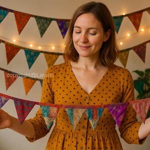 Saree Fabric Bunting Garland | Indian Wedding Backdrop | Recycled Sari Flags | Bohemian Room or Event Decor