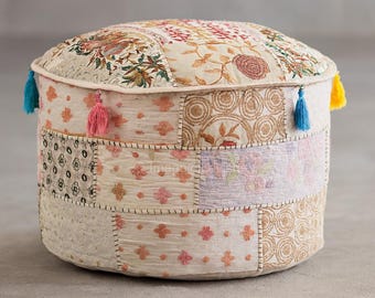 Boho Patchwork Ottoman | Indian Pouf Cover | Ethnic Floor Cushion Decor