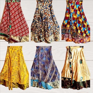 Recycled Silk Saree Skirt 36 | Bohemian Maxi Wrap Skirt | Vintage Sari Upcycled Fashion | Handmade Hippie Festival Outfit
