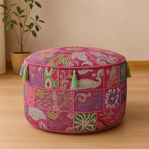Bohemian Patchwork Ottoman Pouf Cover, Indian Floor Cushion, Round Pouffe Cover, Colorful Patchwork Footstool, Boho Home Decor