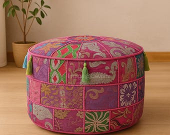 Boho Patchwork Ottoman Pouf Bezug, indischer Bodenkissen, runder Pouff Bezug, Bunter Patchwork Fußhocker, Boho Wohndekor
