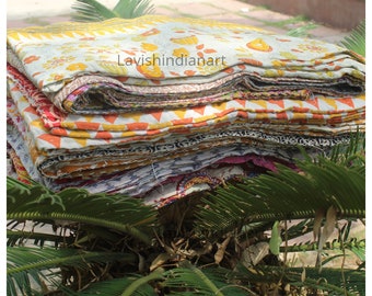 Floral Kantha Quilt | Reversible Cotton Blanket | Handmade Bohemian Bedding