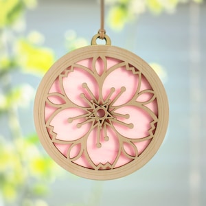 CHERRY BLOSSOM Suncatcher - Stained Glass & Wood window ornament decoration