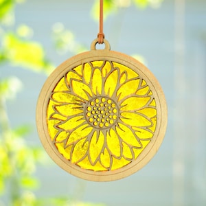 ZONNEBLOEM Suncatcher - Glas-in-lood- en houten raamornamentdecoratie