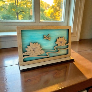 Water Lily Sunscreen - stained glass & wood free-standing window ornament