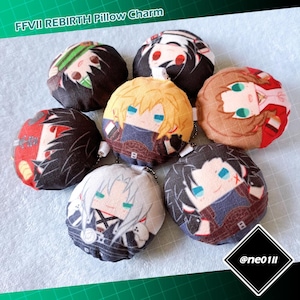 May include: Seven plush pillow charms featuring characters from the Final Fantasy VII: Rebirth video game. The characters are depicted in a chibi style with large eyes and small bodies. The charms are made of soft fabric and have a keychain loop.