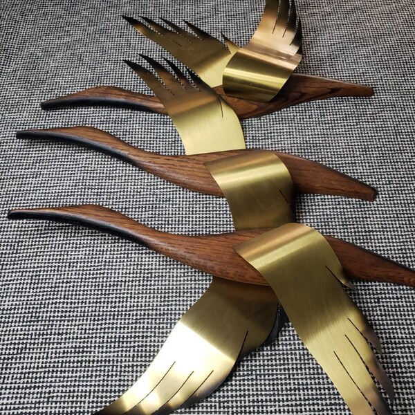 Vintage MASKETEERS flying geese ducks walnut wood brass wall hanging