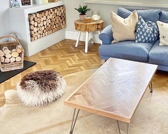 Small/Medium solid oak parquet coffee tables with hairpin legs