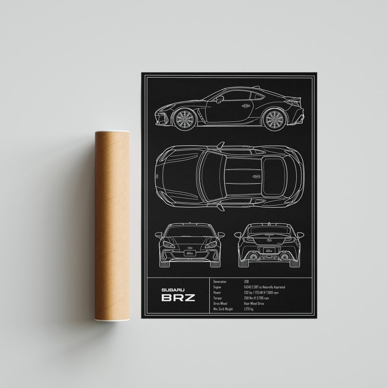 May include: A black and white line drawing of a Subaru BRZ car on a black background. The drawing shows the car from the side, top, front, and rear views. The car's specifications are listed below the drawing, including the engine size, power, torque, drive wheel, and curb weight.