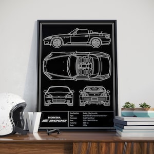 Può includere: Stampa con cornice nera con un disegno a tratto bianco di una Honda S2000 cabriolet. La stampa mostra viste laterali, superiori, anteriori e posteriori, insieme alle specifiche. Il testo "HONDA S2000" è visualizzato in basso.