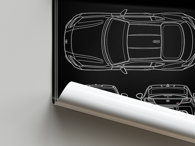 K&ouml;nnte beinhalten: Eine wei&szlig;e Linienzeichnung eines Toyota Supra auf schwarzem Hintergrund. Das Auto wird von oben und von hinten gezeigt.