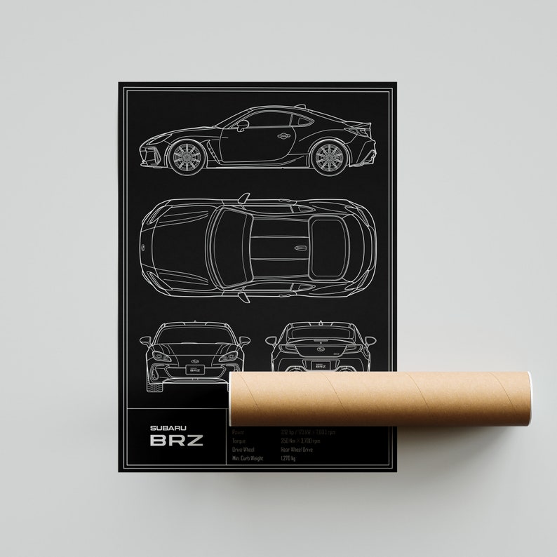 May include: A black and white line drawing of a Subaru BRZ car. The drawing shows the car from the side, top, front, and rear views. The car's specifications are listed below the drawing: Engine: 2.0L 4-cylinder, Torque: 212 Nm at 5,000 rpm, Drive Wheel: Rear Wheel Drive, Max Curb Weight: 1270 kg.