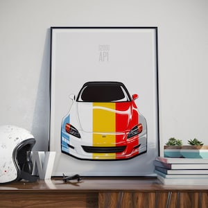 Könnte beinhalten: Ein weißer, gelber und roter Honda S2000 AP1 Sportwagen mit schwarzen Felgen. Das Auto ist zur Kamera gerichtet und befindet sich auf einem weißen Hintergrund.