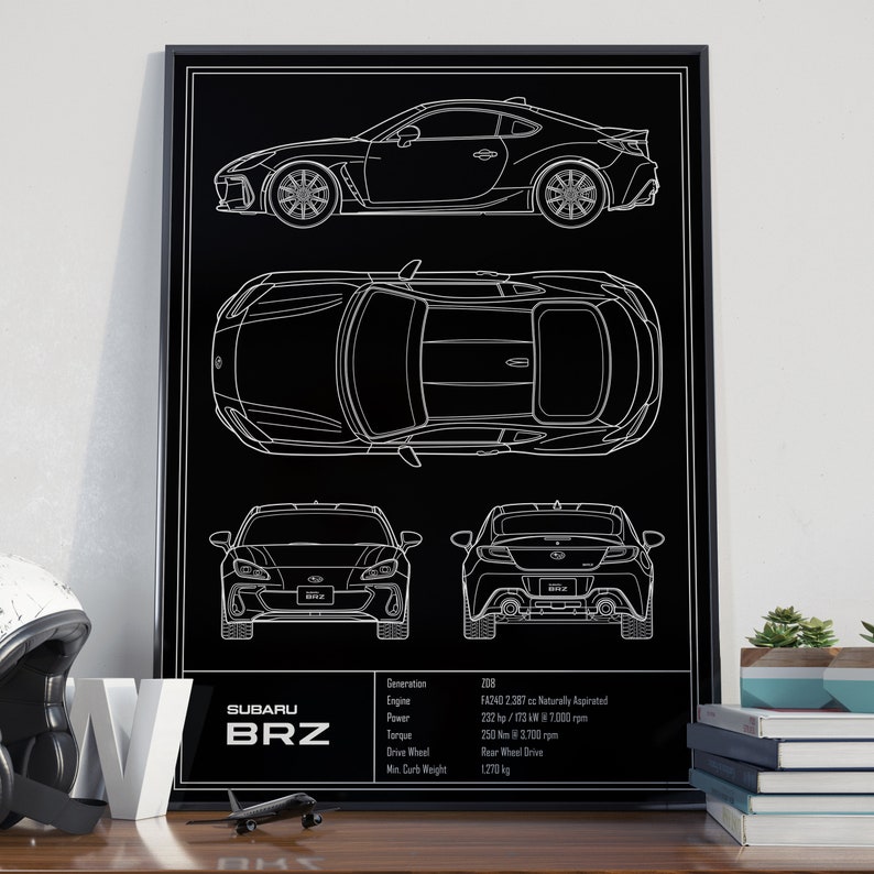 May include: A black and white line drawing of a Subaru BRZ car. The drawing shows the car from different angles, including the side, front, and top. The car's specifications are listed below the drawing, including the generation, engine, power, torque, drive wheel, and minimum curb weight.