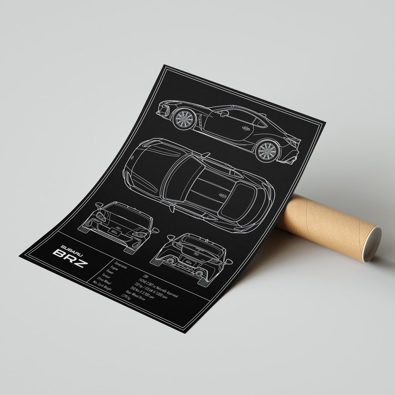 May include: A black and white line drawing of a Subaru BRZ car. The drawing shows the car from different angles, including a side view, a front view, and a rear view. The drawing also includes some technical specifications for the car, such as the engine size, horsepower, and weight.