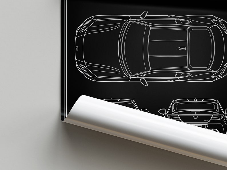May include: A white line drawing of a car on a black background. The car is shown from the top and the back. The car has a sleek, modern design.