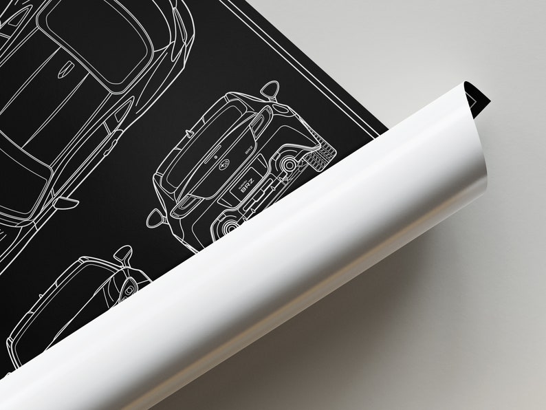 May include: A black and white line drawing of a car, the rear view of the car is shown with the text "BRZ" on the back.