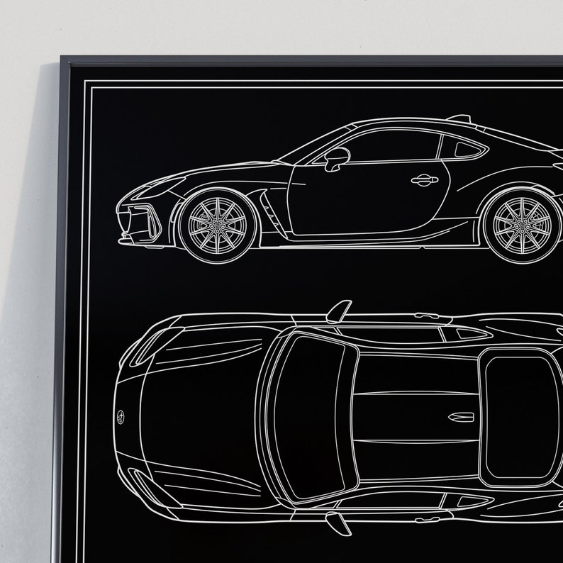 May include: Line art drawing of two white cars on a black background. The first car is a side view of a sports car. The second car is a top view of a sports car.