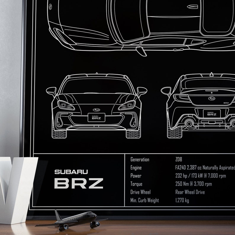 May include: A black and white line drawing of a Subaru BRZ car. The drawing shows the car from the front, side, and rear views. The car's specifications are listed below the drawing, including the generation, engine, power, torque, drive wheel, and minimum curb weight.