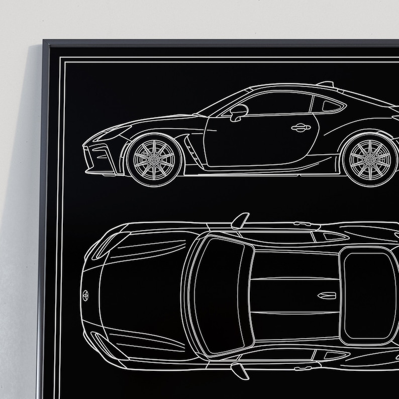 K&ouml;nnte beinhalten: Eine Schwarzwei&szlig;-Linienzeichnung eines Sportwagens, von der Seite und von oben gezeigt. Das Auto ist ein Coup&eacute; mit einem schlanken Design.