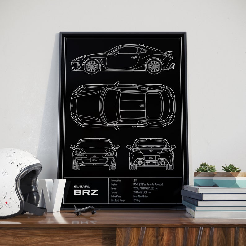 May include: A black and white line art illustration of a Subaru BRZ car. The illustration shows the car from the side, top, front, and rear views. The car's specifications are listed below the illustration, including the generation, engine, power, torque, drive wheel, and curb weight.