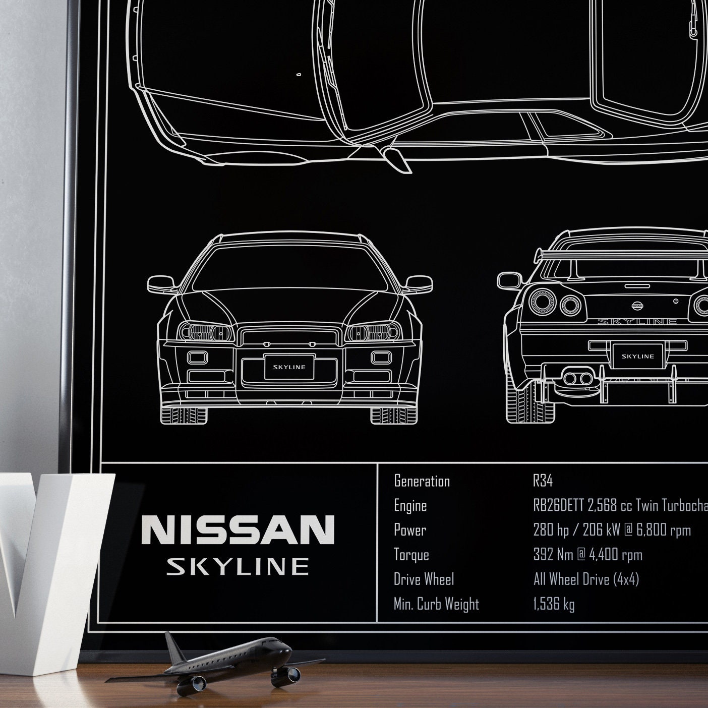 Car Bulprint Gt R R34 Nissan Skyline R34 GTR Blueprint Poster - Etsy Australia