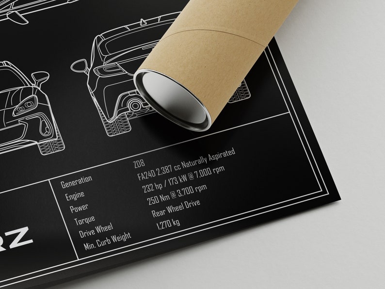 May include: A black and white line drawing of a Subaru WRX with technical specifications listed below. The specifications include the generation, engine, power, torque, drive wheel, and minimum curb weight.