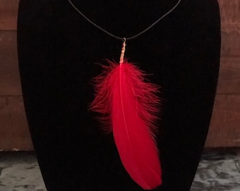 Blue and Pink tones silver hand painted feather necklace with free mini gift Large Red