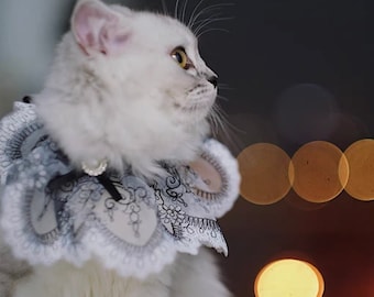 May include: A white cat with a black bow and a white lace collar with a pearl accent. The cat is looking to the right and is in focus. The background is out of focus and has a bokeh effect with warm colored lights.