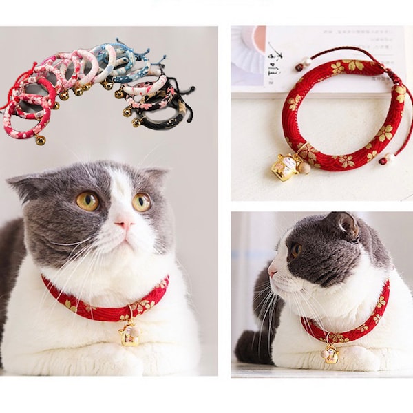 Japanese style Dog Cat Collar Removable Pet Collar Accessories Wedding Set Handmade Dog Cat collar with Bell Pet Lover Gifts