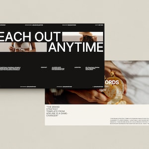 May include: Black and white website design mockup with the text "Reach Out Anytime" and "The Brand Strategy Template from Adeline is a Game-Changer!"  The website design is minimalist and features a black background with white text.