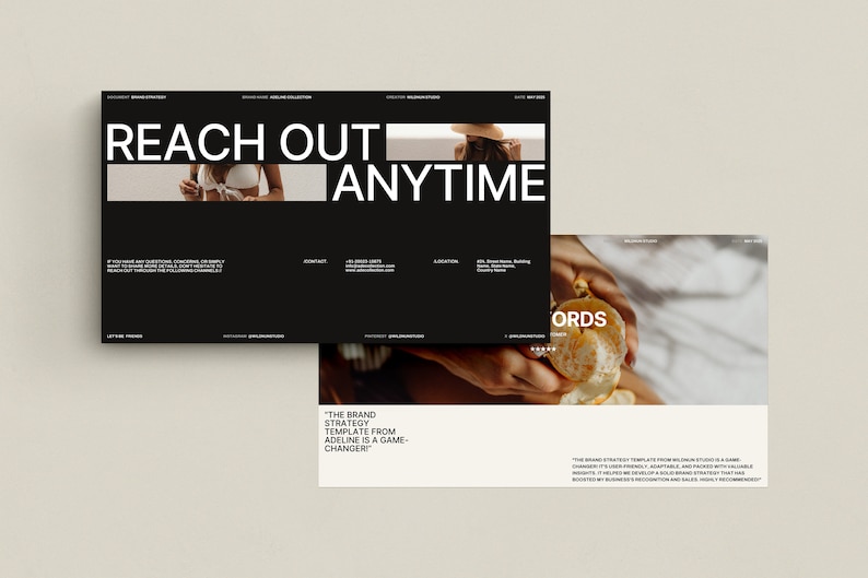 May include: Black and white website design mockup with the text "Reach Out Anytime" and "The Brand Strategy Template from Adeline is a Game-Changer!"  The website design is minimalist and features a black background with white text.