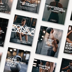 May include: A collection of fitness-themed posters with images of people working out. The posters feature text such as "Functional Fitness," "Zone 2 Cardio," and "Core Stability Work Shop." The color scheme is primarily black, white, and gray.