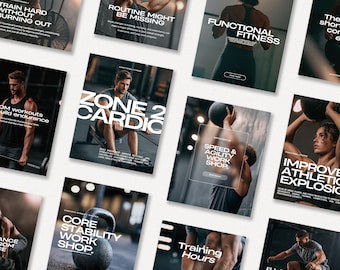 May include: A collection of fitness-themed posters with images of people working out. The posters feature text such as "Functional Fitness," "Zone 2 Cardio," and "Core Stability Work Shop." The color scheme is primarily black, white, and gray.