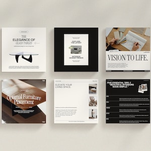 May include: A collection of interior design tips and ideas for elevating your living space. The images feature furniture, color palettes, and design trends. The text includes phrases like "The Elegance of Glass Tables", "Optimal Furniture Placement", "Elevate Your Living Space", "Five Essential Tips", and "Bring Your Vision to Life."