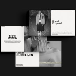 Könnte beinhalten: Ein schwarz-weißes grafisches Layout mit weißen quadratischen Karten. Die Karten zeigen die Wörter "Brand Strategy", "Brand Proposal" und "Olivia Guidelines". Eine Person befindet sich in der Mitte des Bildes, vor einem schwarzen Hintergrund.