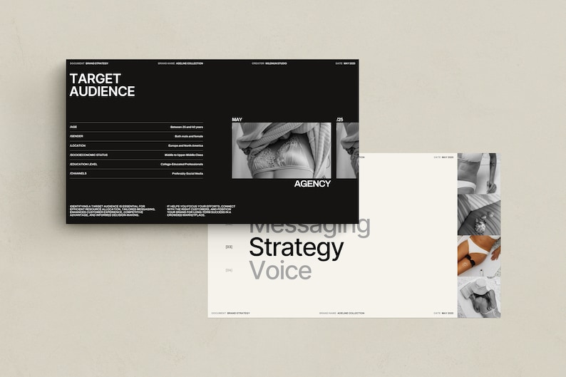 May include: Black and white image of a marketing strategy document with the words "Target Audience", "Messaging Strategy", and "Voice" on the page. The document includes a list of target audience demographics and a photo of a woman wearing lingerie.