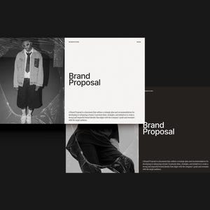May include: A presentation design featuring the words "Brand Proposal" in white text. The image includes a black and white photograph of a person. The presentation is set against a black background.