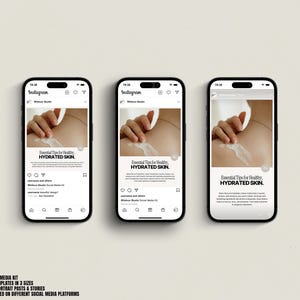 May include: Three mockups of a smartphone screen displaying a social media post for skincare. The post features a photo of a person's arm with lotion being applied. The text on the post reads "Essential Tips for Healthy, HYDRATED SKIN."