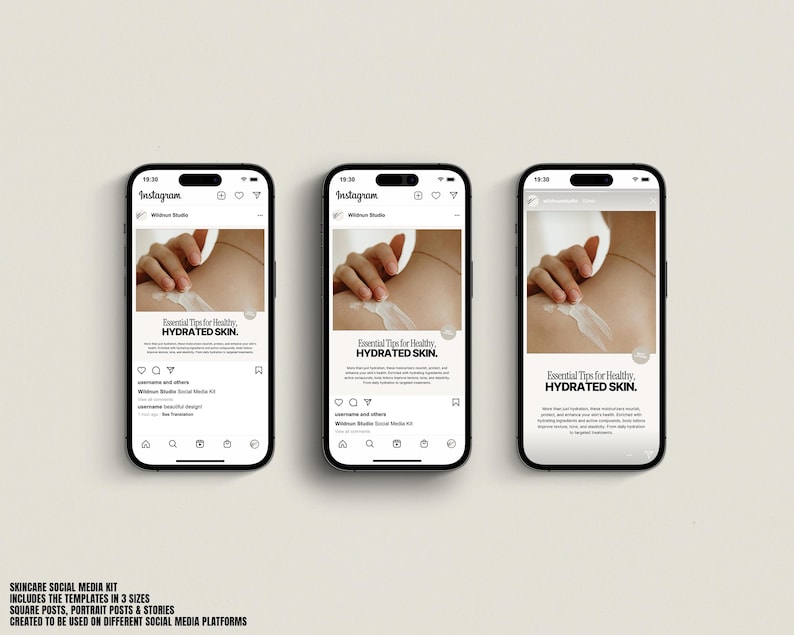 May include: Three mockups of a smartphone screen displaying a social media post for skincare. The post features a photo of a person's arm with lotion being applied. The text on the post reads "Essential Tips for Healthy, HYDRATED SKIN."