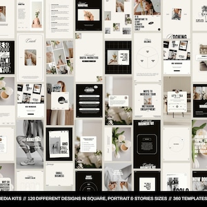 May include: A collection of 120 social media templates in square, portrait, and story sizes. The templates feature a minimalist aesthetic with black and white text and images on a beige background. The text includes phrases like "Be So Good They Can't Ignore You", "Black Friday Sale", "Marketing Processes", "And Still I Rise", "Masterclass", "How Booking Works", and "Cool"