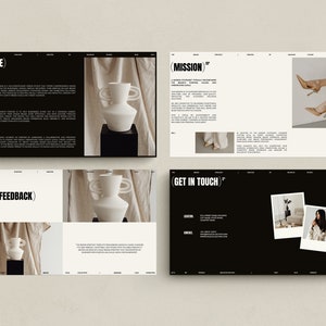 May include: A website design mockup with black and white color scheme. The website features sections titled "Purpose", "Mission", "Get in Touch", and "Feedback". The website includes images of a white ceramic vase, a woman wearing white pants and heels, and a woman sitting on a couch.