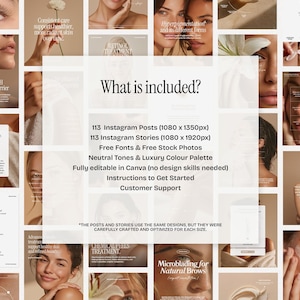 May include: A collection of Instagram posts and stories templates in neutral tones. The image includes text that reads "What is included?" followed by a list of features, including free fonts and stock photos, and instructions. The templates are fully editable in Canva.